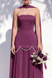 Strapless Long Butter Yellow A Line Neck Scarf Bridesmaid Dress with Pearls