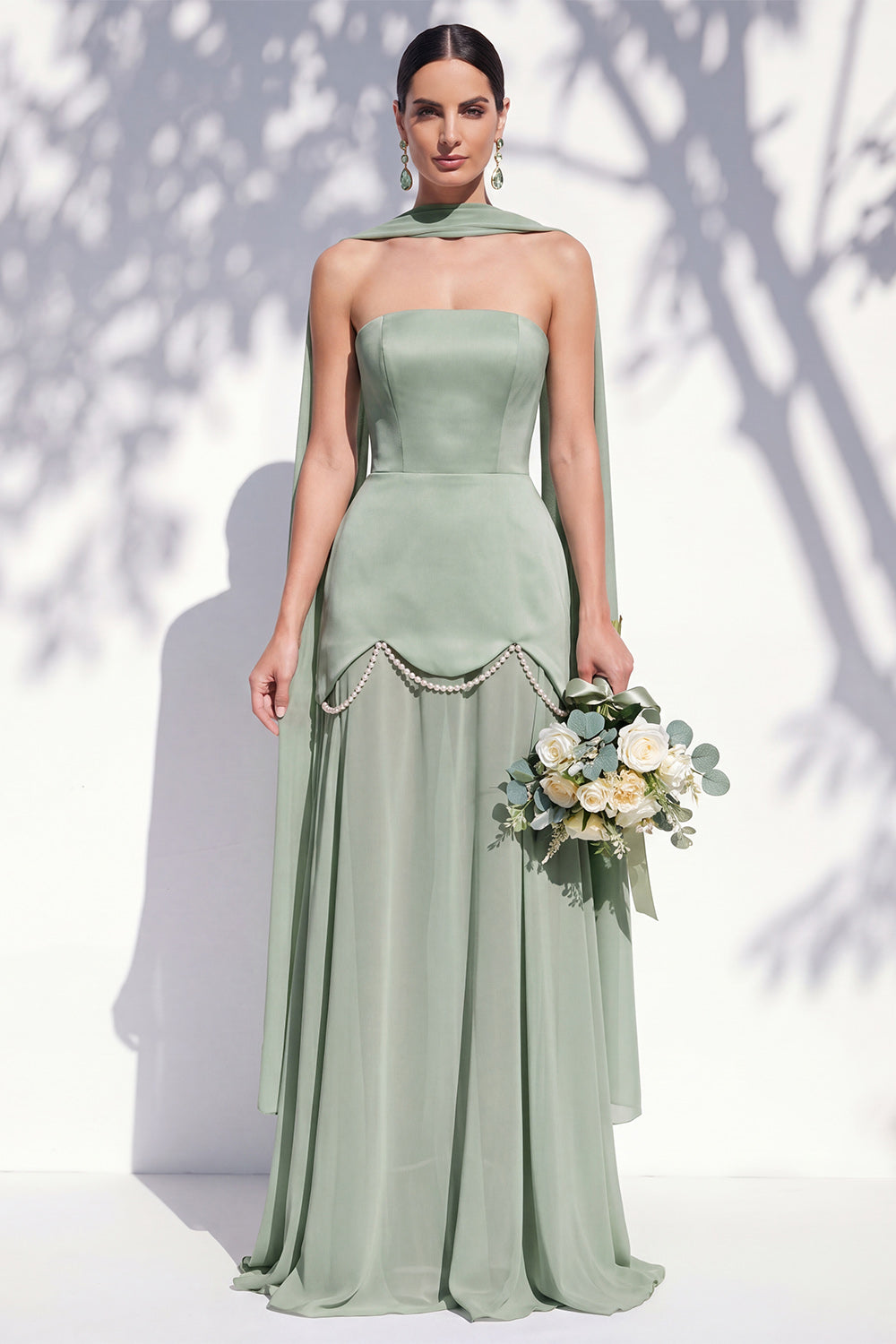 Strapless Long Butter Yellow A Line Neck Scarf Bridesmaid Dress with Pearls