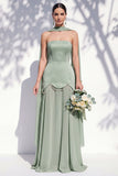 Strapless Long Butter Yellow A Line Neck Scarf Bridesmaid Dress with Pearls