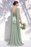 Strapless Long Butter Yellow A Line Neck Scarf Bridesmaid Dress with Pearls