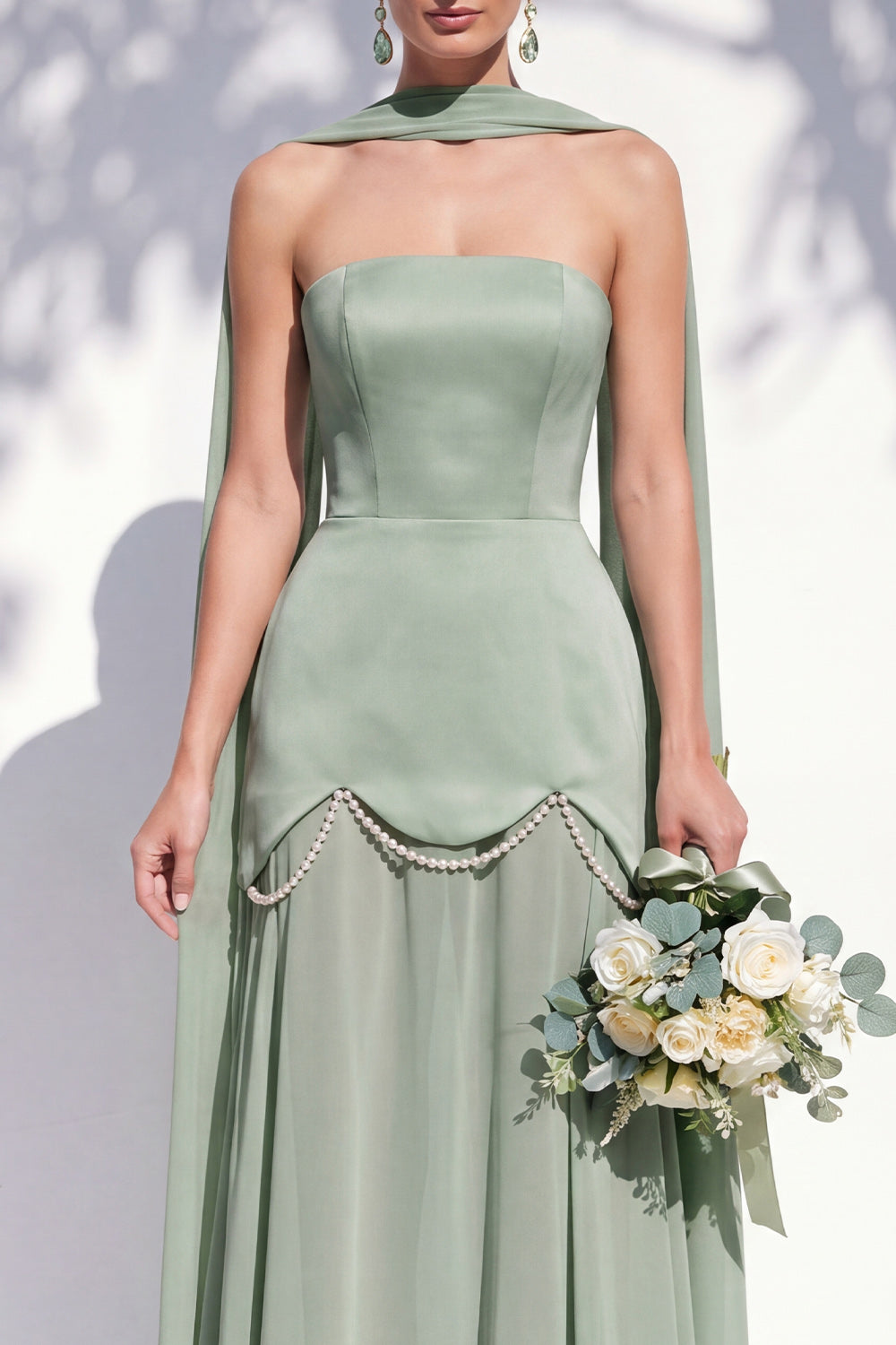 Strapless Long Butter Yellow A Line Neck Scarf Bridesmaid Dress with Pearls