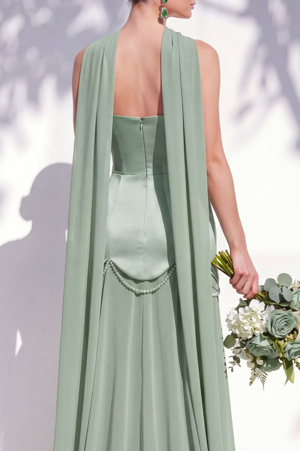 Strapless Long Butter Yellow A Line Neck Scarf Bridesmaid Dress with Pearls