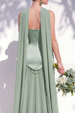 Strapless Long Butter Yellow A Line Neck Scarf Bridesmaid Dress with Pearls