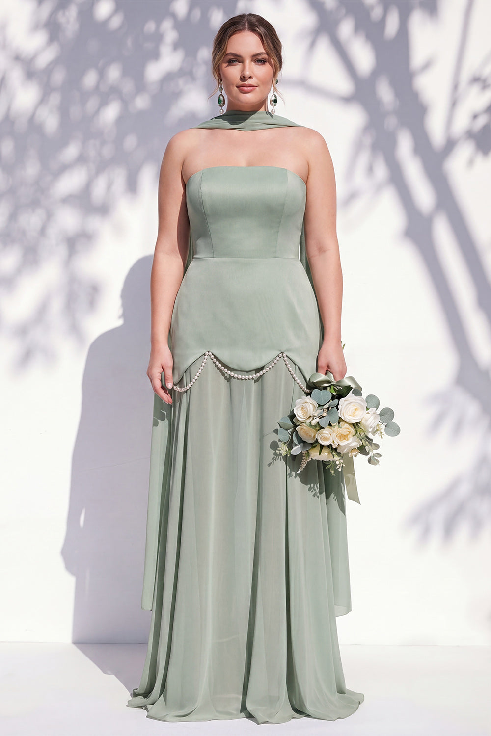 Strapless Long Butter Yellow A Line Neck Scarf Bridesmaid Dress with Pearls