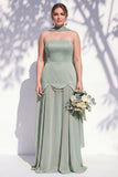Strapless Long Butter Yellow A Line Neck Scarf Bridesmaid Dress with Pearls