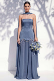 Strapless Long Butter Yellow A Line Neck Scarf Bridesmaid Dress with Pearls