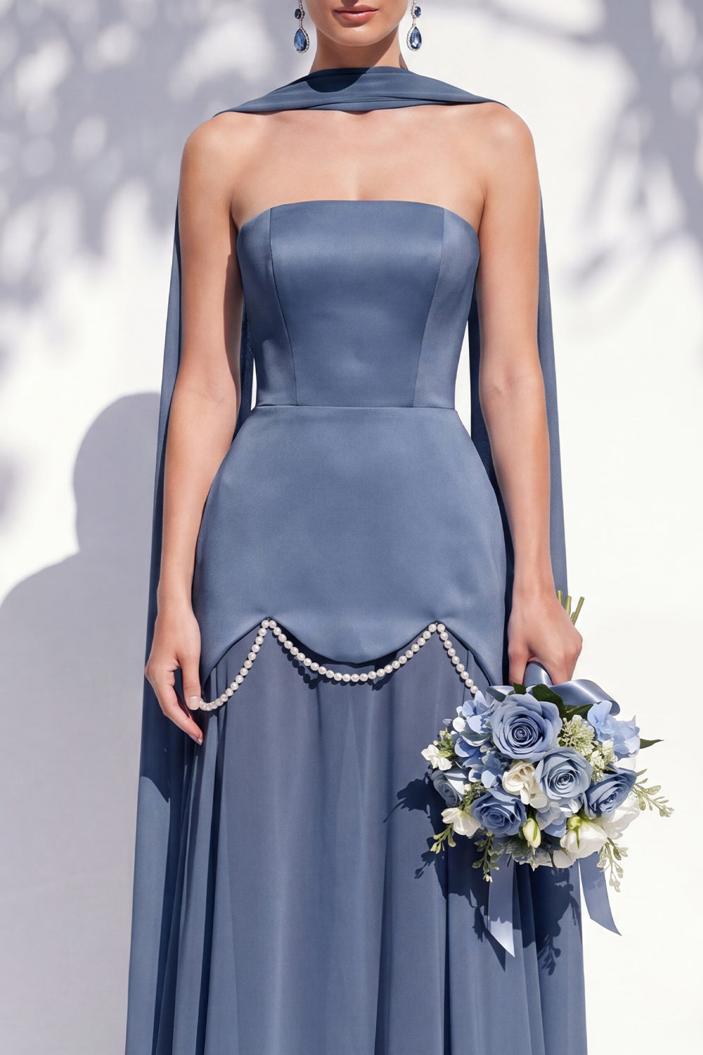 Strapless Long Butter Yellow A Line Neck Scarf Bridesmaid Dress with Pearls