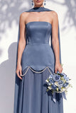 Strapless Long Butter Yellow A Line Neck Scarf Bridesmaid Dress with Pearls
