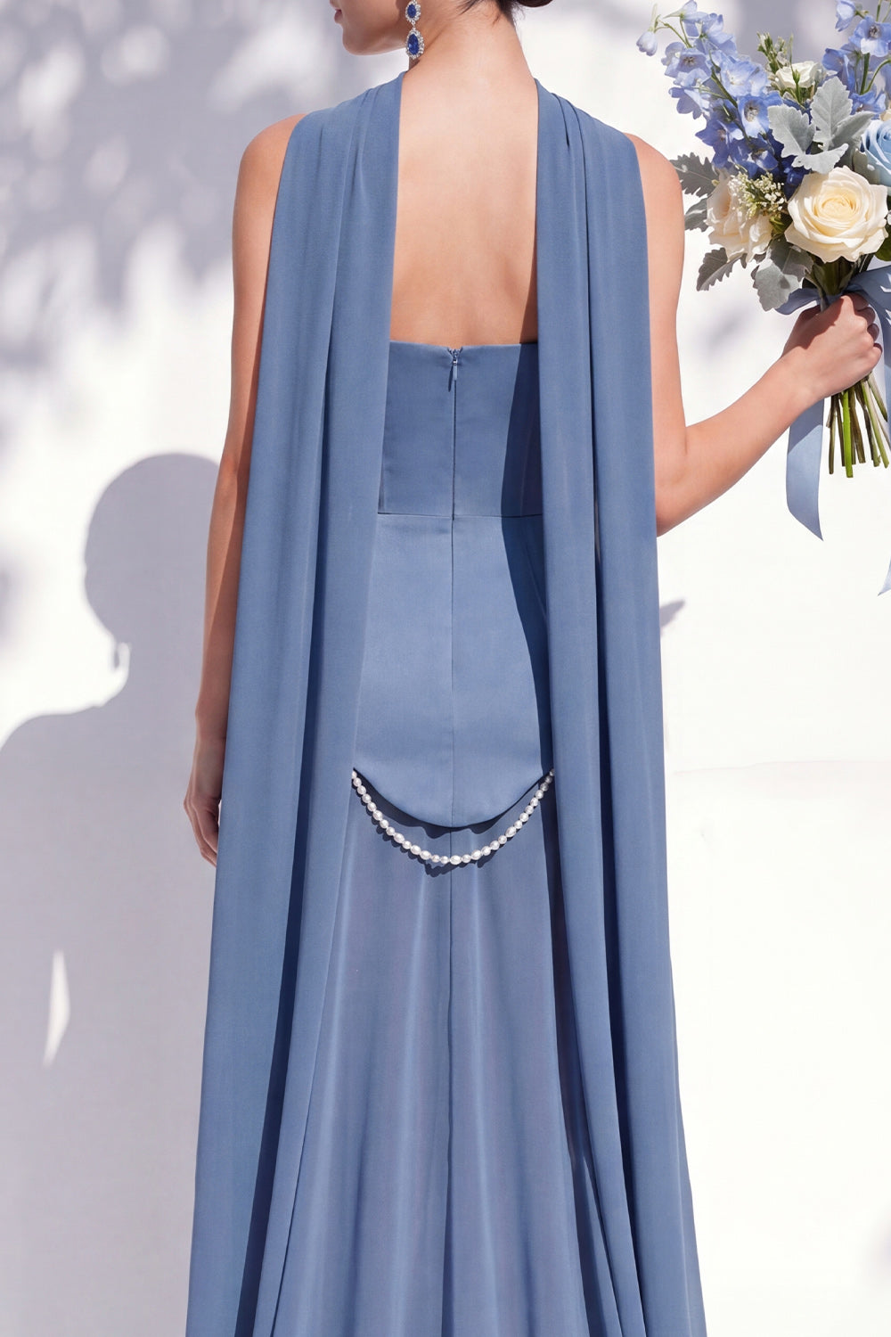 Strapless Long Butter Yellow A Line Neck Scarf Bridesmaid Dress with Pearls