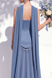 Strapless Long Butter Yellow A Line Neck Scarf Bridesmaid Dress with Pearls