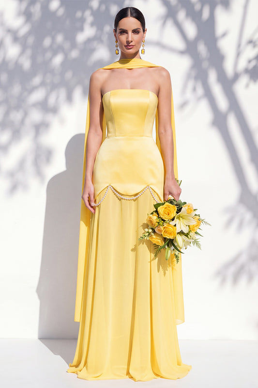 Strapless Long Butter Yellow A Line Neck Scarf Bridesmaid Dress with Pearls