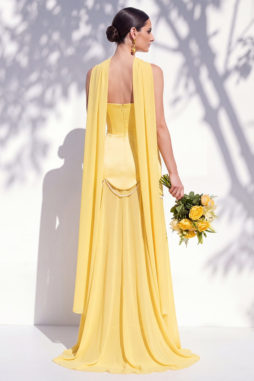 Strapless Long Butter Yellow A Line Neck Scarf Bridesmaid Dress with Pearls