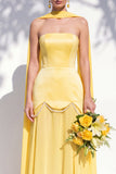 Strapless Long Butter Yellow A Line Neck Scarf Bridesmaid Dress with Pearls