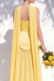 Strapless Long Butter Yellow A Line Neck Scarf Bridesmaid Dress with Pearls