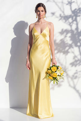 Butter Yellow Spaghetti Straps Long Mermaid Bridesmaid Dress