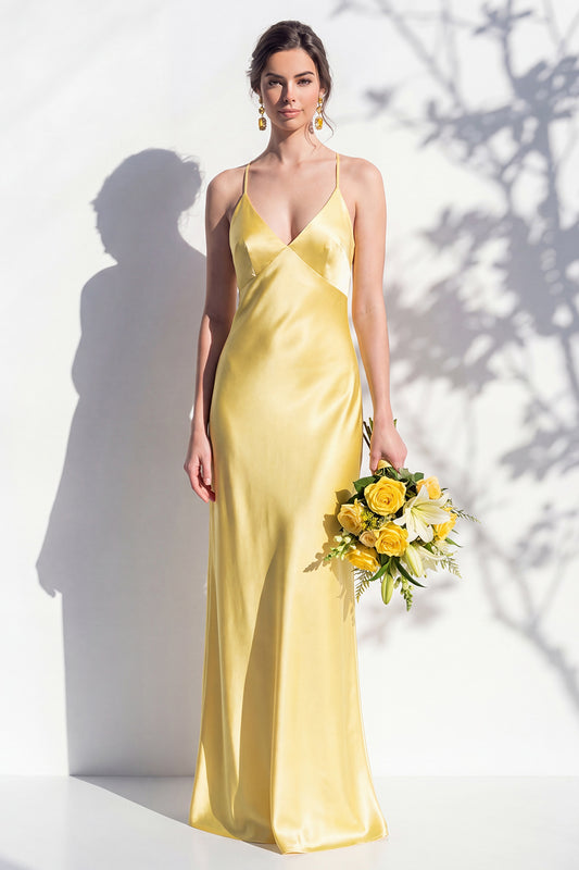 Butter Yellow Spaghetti Straps Long Mermaid Bridesmaid Dress