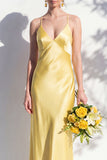Butter Yellow Spaghetti Straps Long Mermaid Bridesmaid Dress