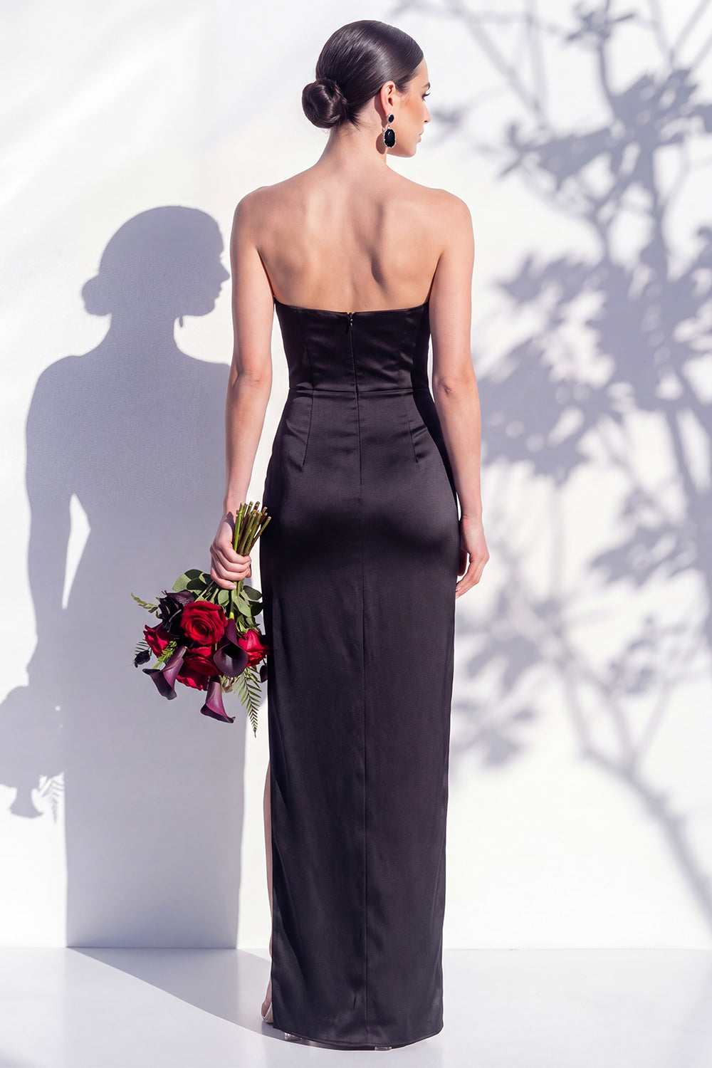 Strapless Ruched Long Butter Yellow Sheath Bridesmaid Dress with Slit