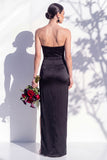 Strapless Ruched Long Butter Yellow Sheath Bridesmaid Dress with Slit