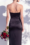 Strapless Ruched Long Butter Yellow Sheath Bridesmaid Dress with Slit