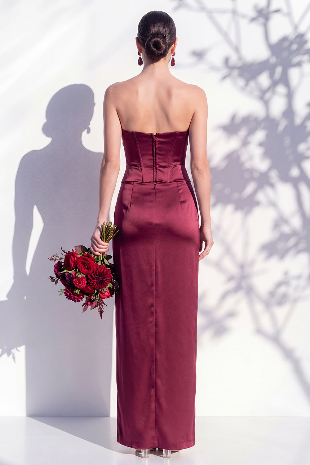 Strapless Ruched Long Butter Yellow Sheath Bridesmaid Dress with Slit