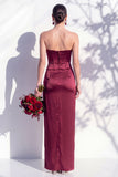 Strapless Ruched Long Butter Yellow Sheath Bridesmaid Dress with Slit