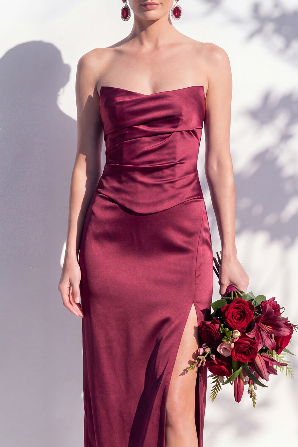 Strapless Ruched Long Butter Yellow Sheath Bridesmaid Dress with Slit