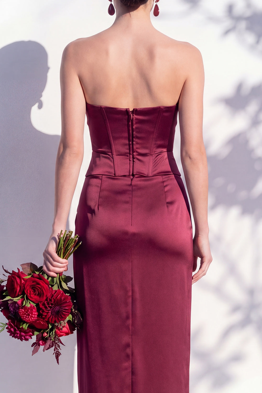 Strapless Ruched Long Butter Yellow Sheath Bridesmaid Dress with Slit
