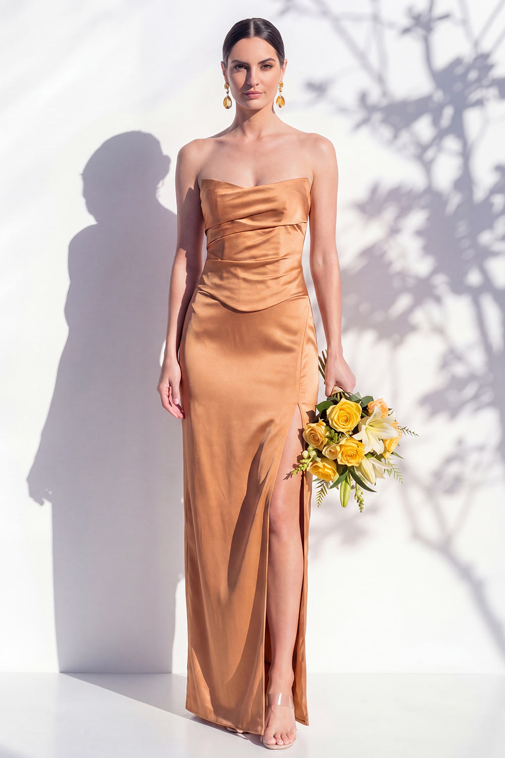 Zapaka Women Strapless Bridesmaid Dress Yellow Satin Sheath Wedding Guest Dress with Slit, Latte / US18W