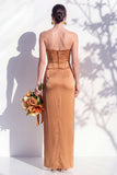 Strapless Ruched Long Butter Yellow Sheath Bridesmaid Dress with Slit
