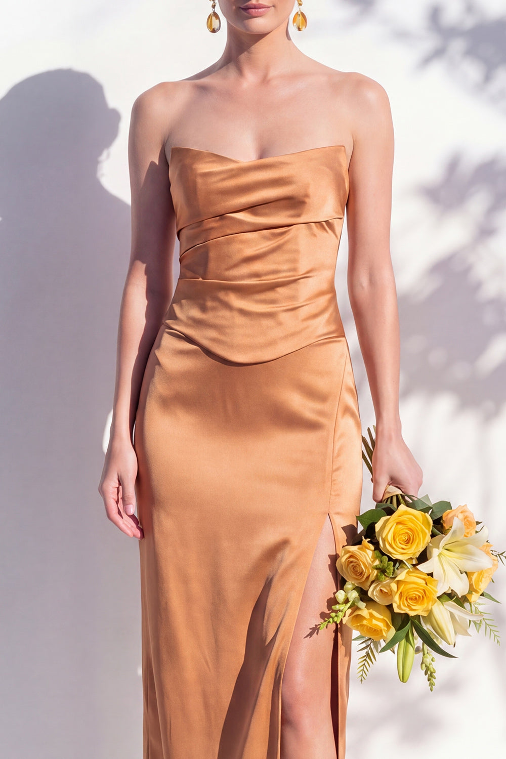 Strapless Ruched Long Butter Yellow Sheath Bridesmaid Dress with Slit