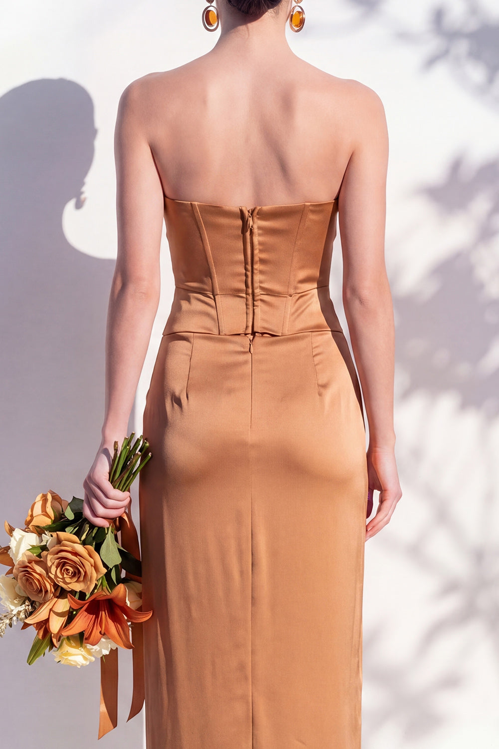 Strapless Ruched Long Butter Yellow Sheath Bridesmaid Dress with Slit
