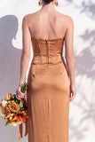 Strapless Ruched Long Butter Yellow Sheath Bridesmaid Dress with Slit