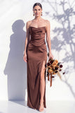 Strapless Ruched Long Butter Yellow Sheath Bridesmaid Dress with Slit