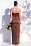 Strapless Ruched Long Butter Yellow Sheath Bridesmaid Dress with Slit