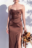 Strapless Ruched Long Butter Yellow Sheath Bridesmaid Dress with Slit