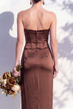 Strapless Ruched Long Butter Yellow Sheath Bridesmaid Dress with Slit