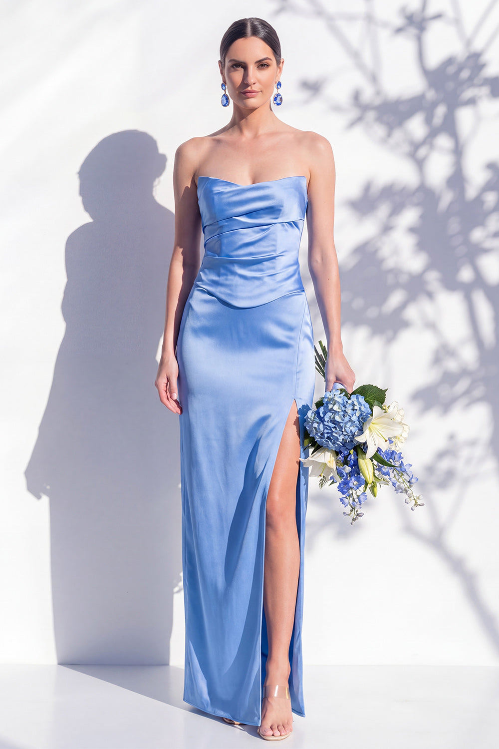 Strapless Ruched Long Butter Yellow Sheath Bridesmaid Dress with Slit