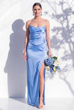 Strapless Ruched Long Butter Yellow Sheath Bridesmaid Dress with Slit