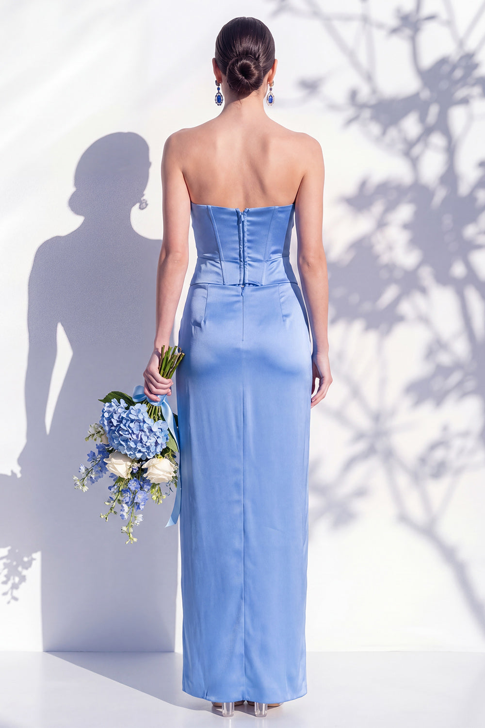 Strapless Ruched Long Butter Yellow Sheath Bridesmaid Dress with Slit