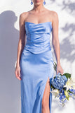 Strapless Ruched Long Butter Yellow Sheath Bridesmaid Dress with Slit