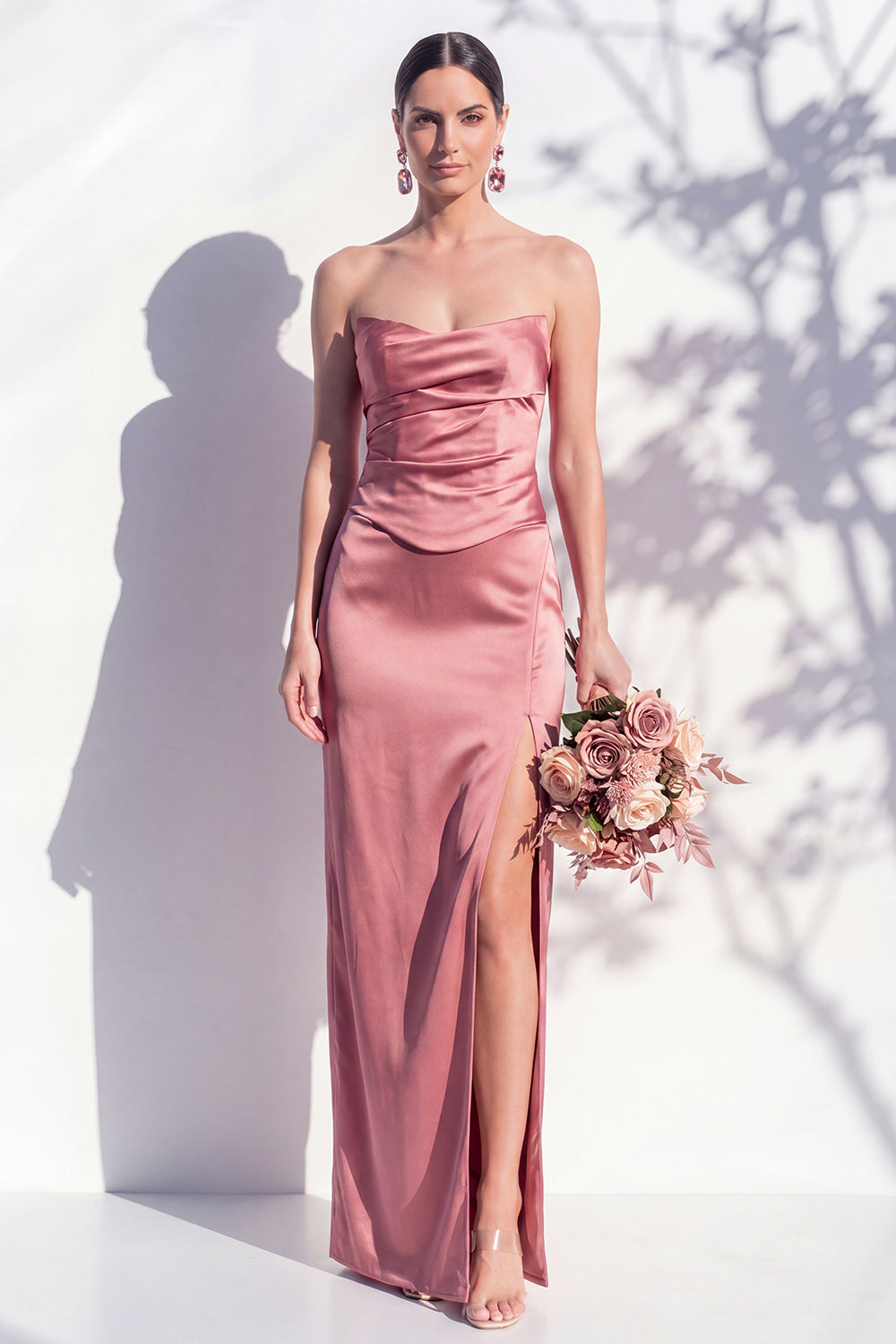 Strapless Ruched Long Butter Yellow Sheath Bridesmaid Dress with Slit
