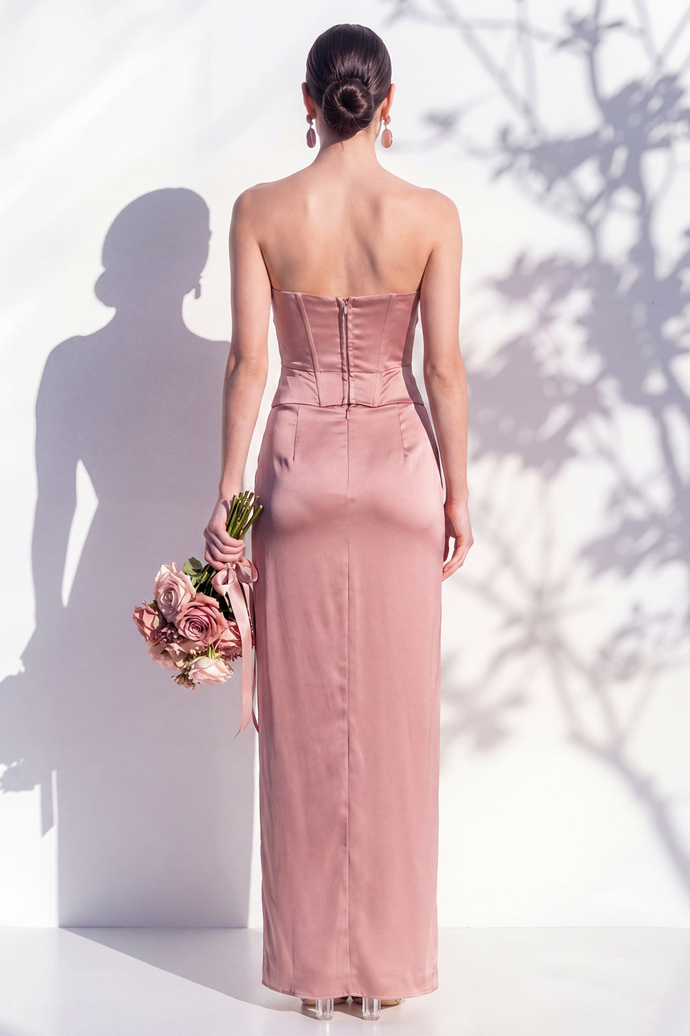 Strapless Ruched Long Butter Yellow Sheath Bridesmaid Dress with Slit