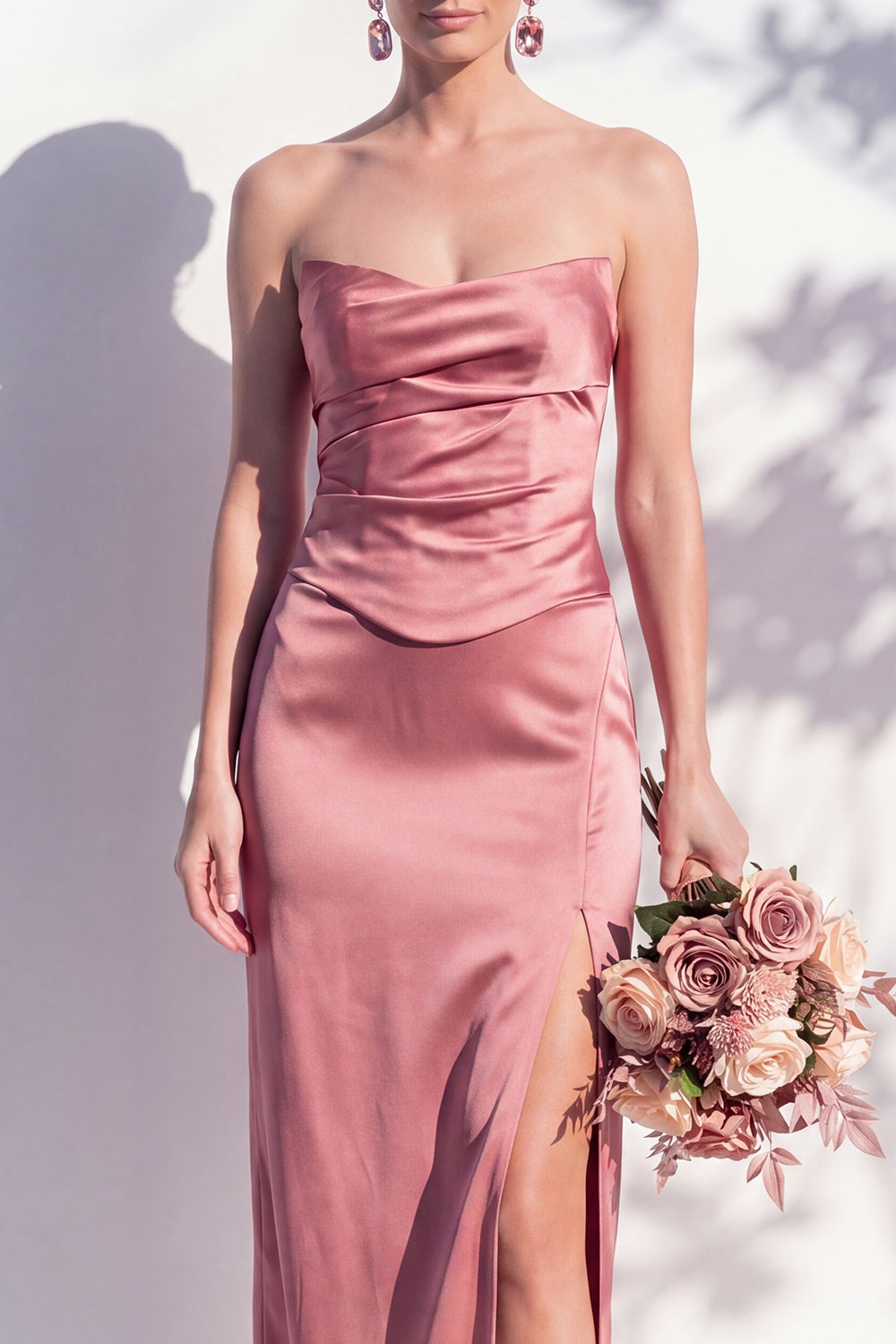 Strapless Ruched Long Butter Yellow Sheath Bridesmaid Dress with Slit