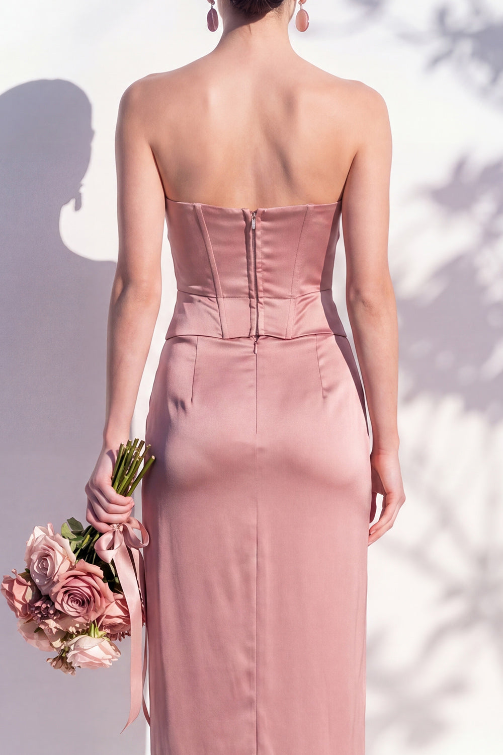 Strapless Ruched Long Butter Yellow Sheath Bridesmaid Dress with Slit
