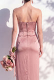 Strapless Ruched Long Butter Yellow Sheath Bridesmaid Dress with Slit