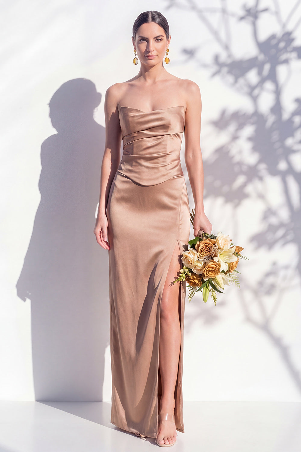 Zapaka Women Strapless Bridesmaid Dress Yellow Satin Sheath Wedding Guest Dress with Slit, Latte / US18W