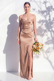 Strapless Ruched Long Butter Yellow Sheath Bridesmaid Dress with Slit