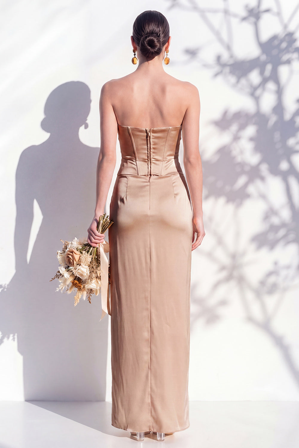 Zapaka Women Strapless Bridesmaid Dress Yellow Satin Sheath Wedding Guest Dress with Slit, Latte / US18W