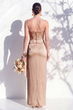 Strapless Ruched Long Butter Yellow Sheath Bridesmaid Dress with Slit